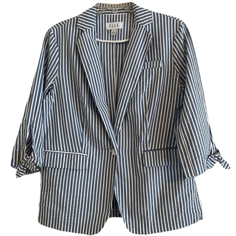 Elle Blazer Women's Size M Blue White Seersucker 1 Button Cotton Travel Summer